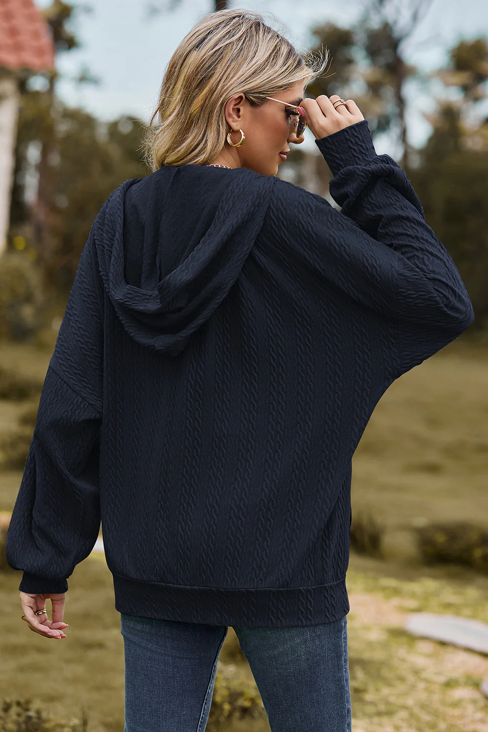 Drawstring Zip Up Dropped Shoulder Hoodie - Image 8