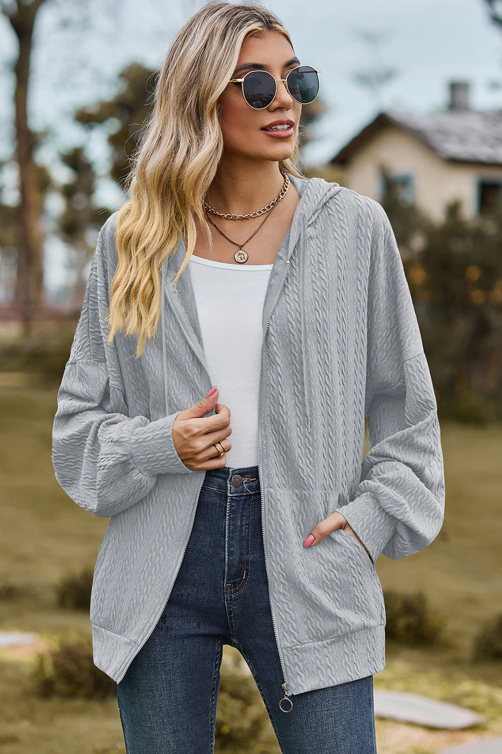 Drawstring Zip Up Dropped Shoulder Hoodie - Image 9