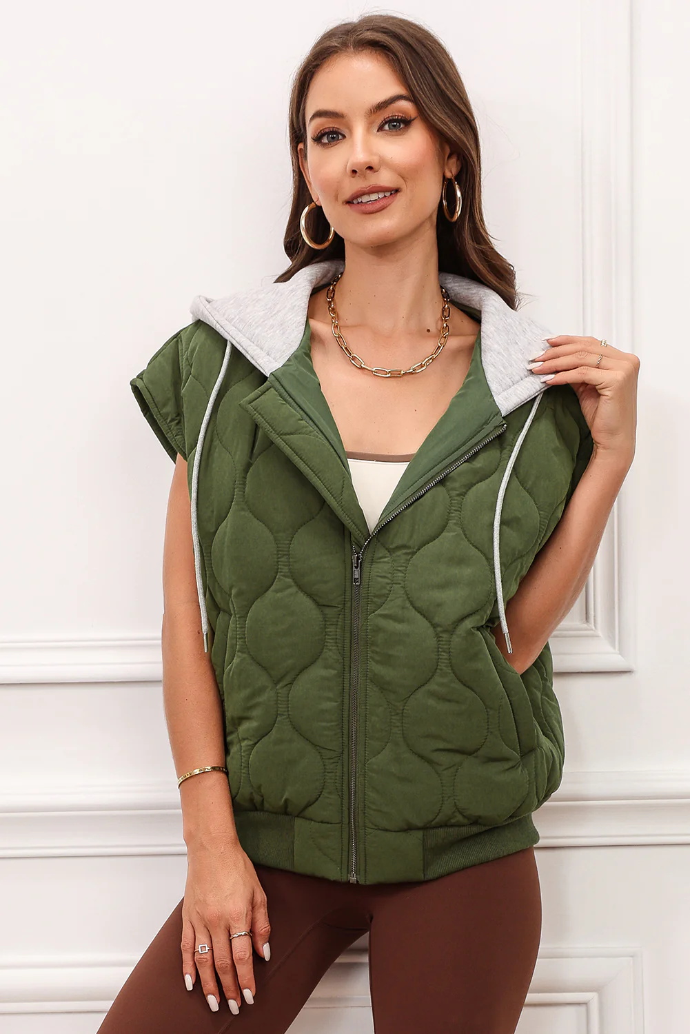 Drawstring Zip Up Hooded Vest Coat - Image 3