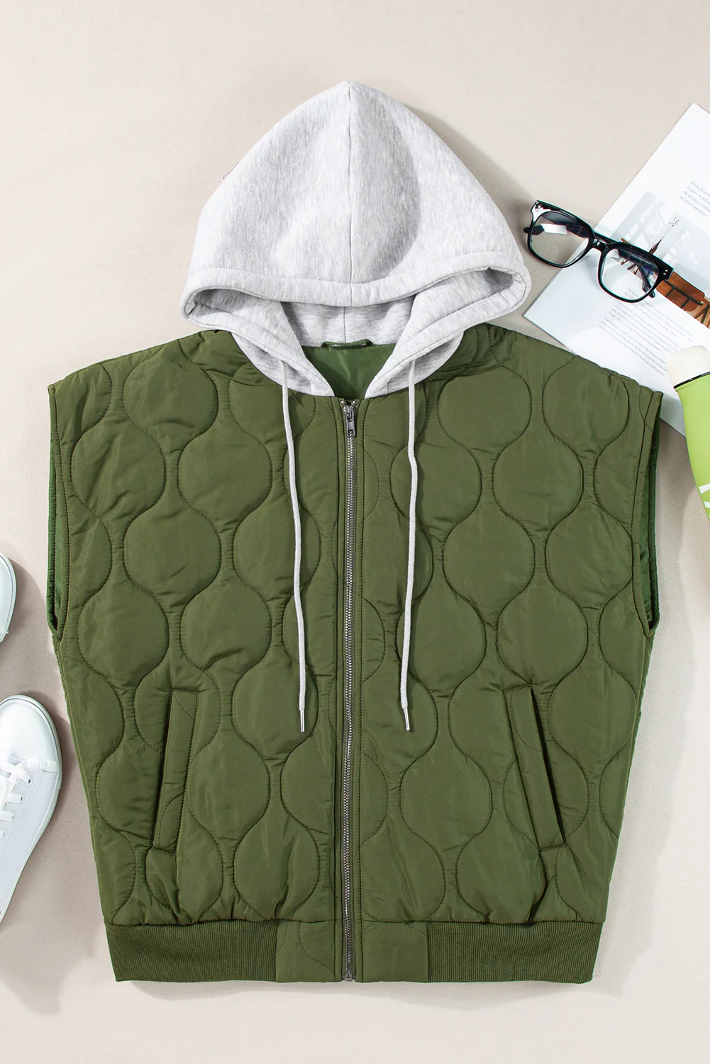 Drawstring Zip Up Hooded Vest Coat - Image 4