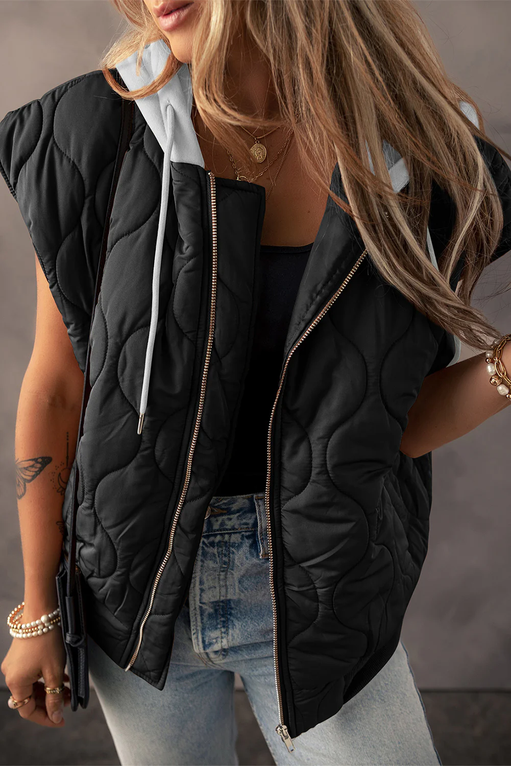 Drawstring Zip Up Hooded Vest Coat - Image 7