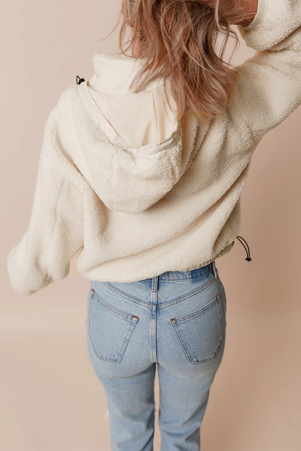 Drawstring Zip Up Sherpa Jacket with Removable Hood - Image 4