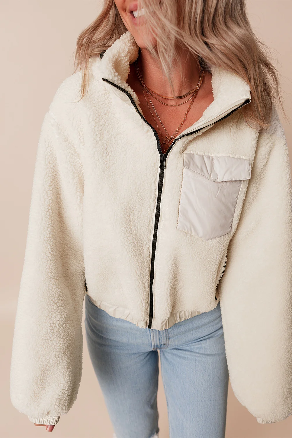 Drawstring Zip Up Sherpa Jacket with Removable Hood - Image 5