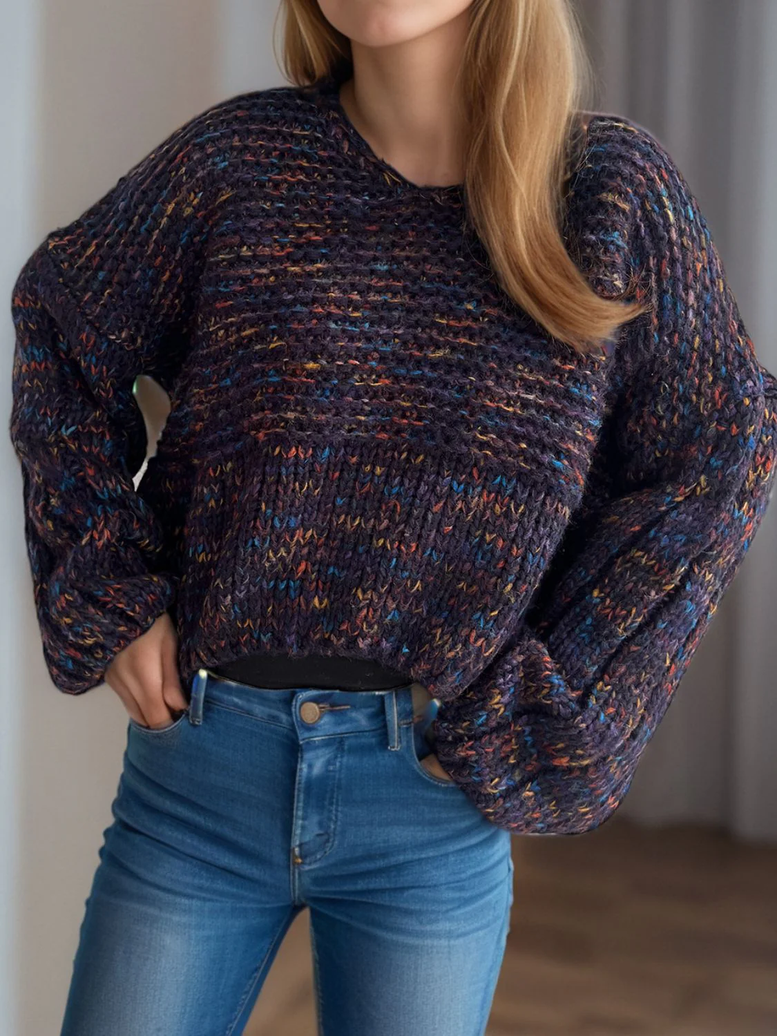 Dropped Shoulder Long Sleeve Sweater - Image 2