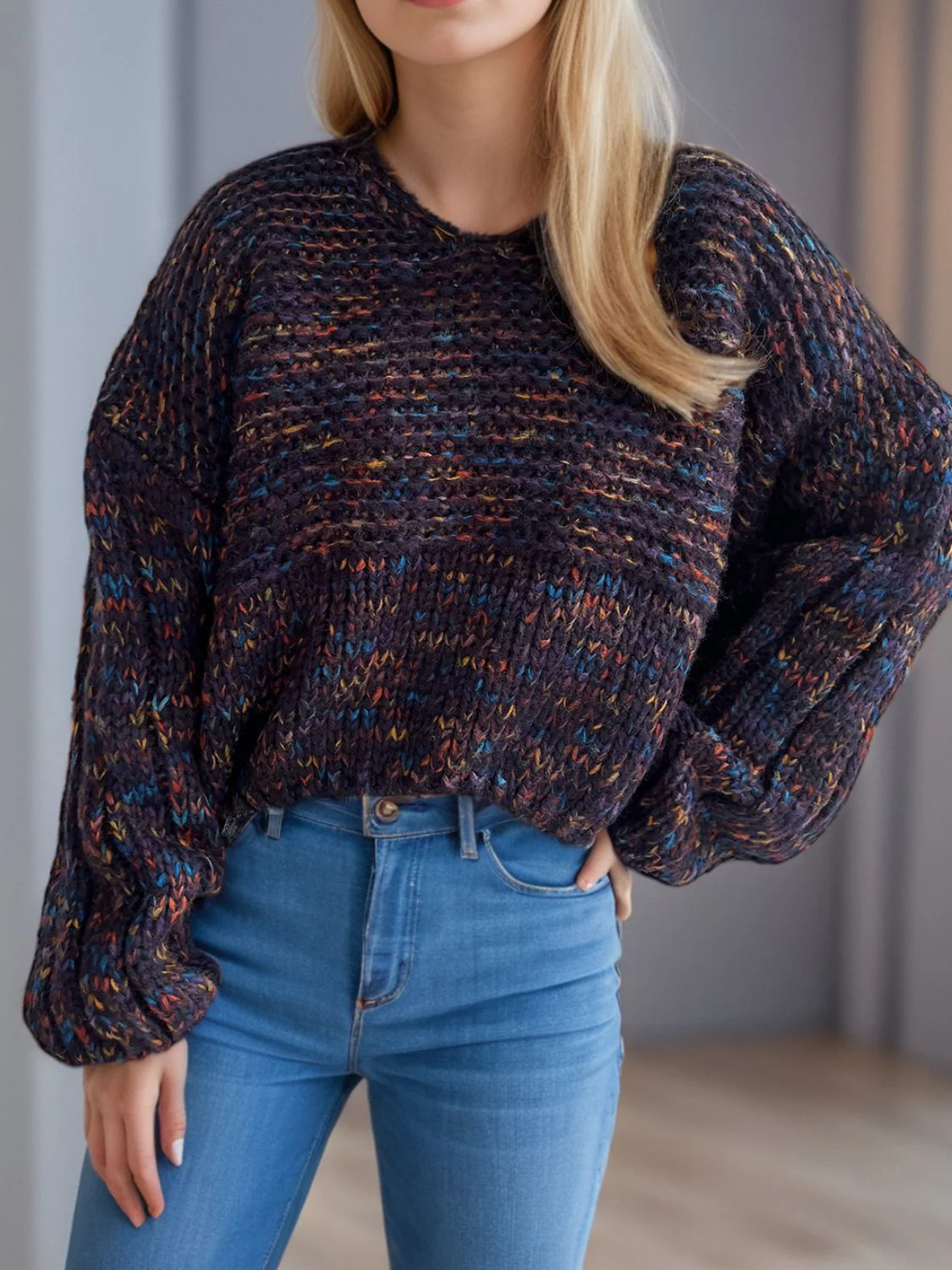 Dropped Shoulder Long Sleeve Sweater - Image 3