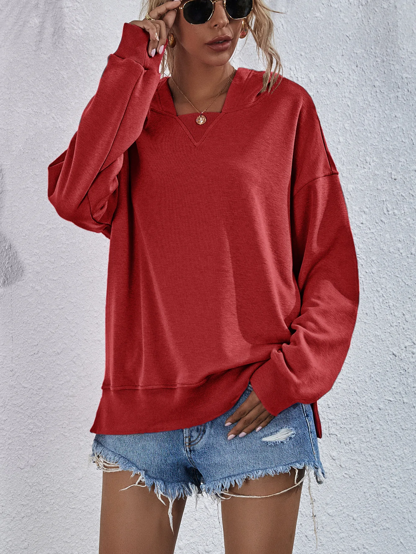 Dropped Shoulder Slit Hoodie - Image 16