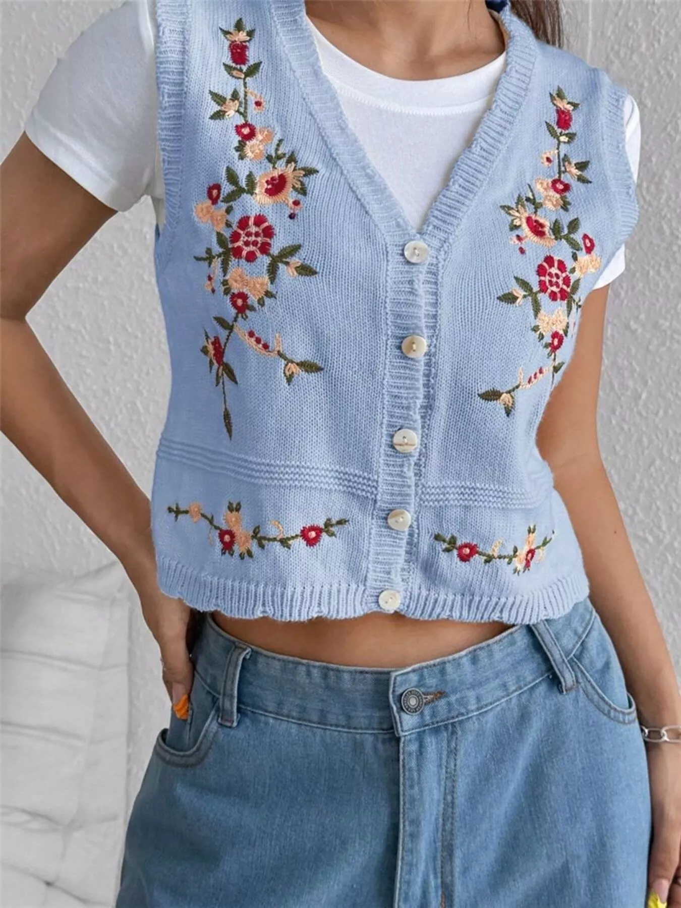 Embroidered Button Up Sweater Vest - Image 10
