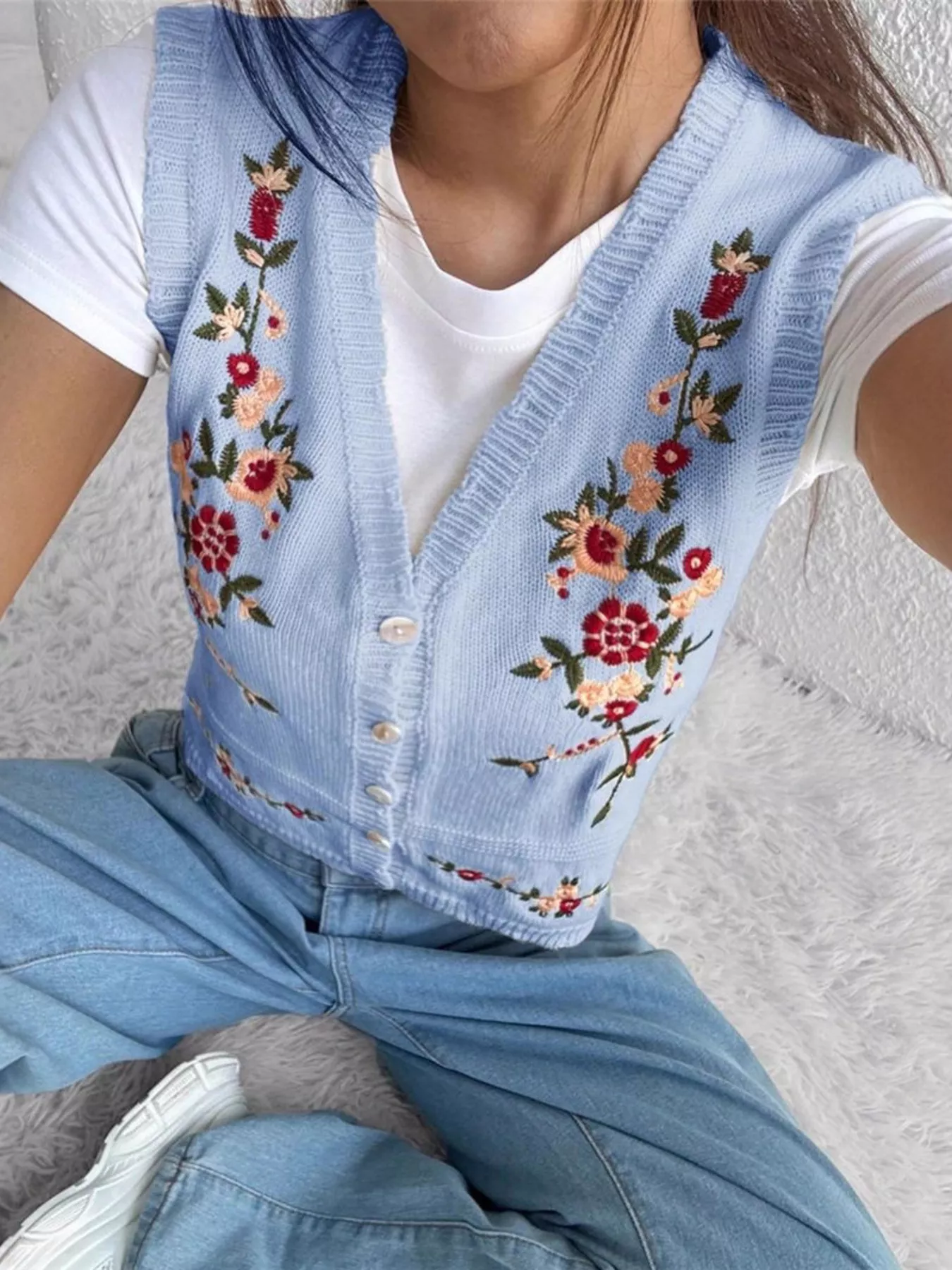 Embroidered Button Up Sweater Vest - Image 11