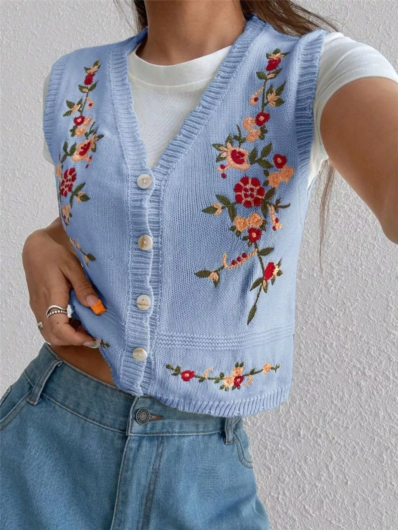 Embroidered Button Up Sweater Vest - Image 12