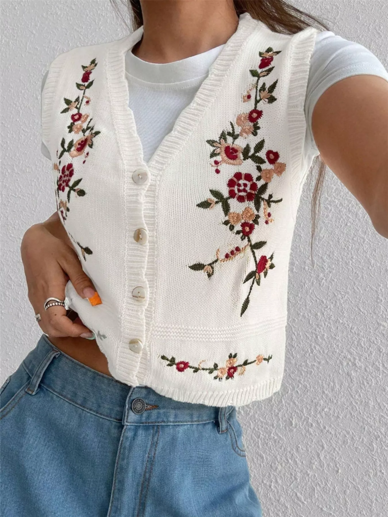 Embroidered Button Up Sweater Vest - Image 13