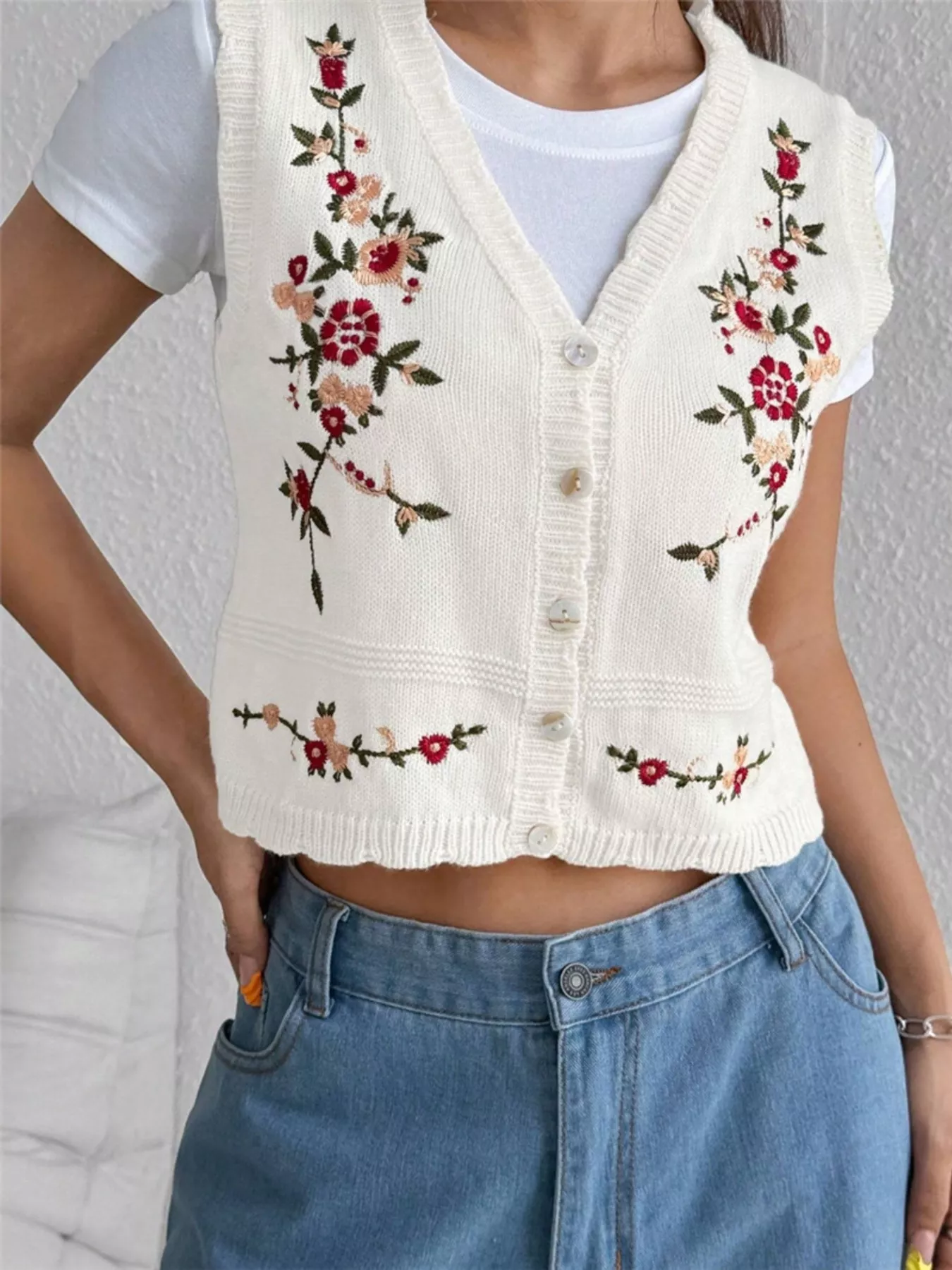 Embroidered Button Up Sweater Vest - Image 16