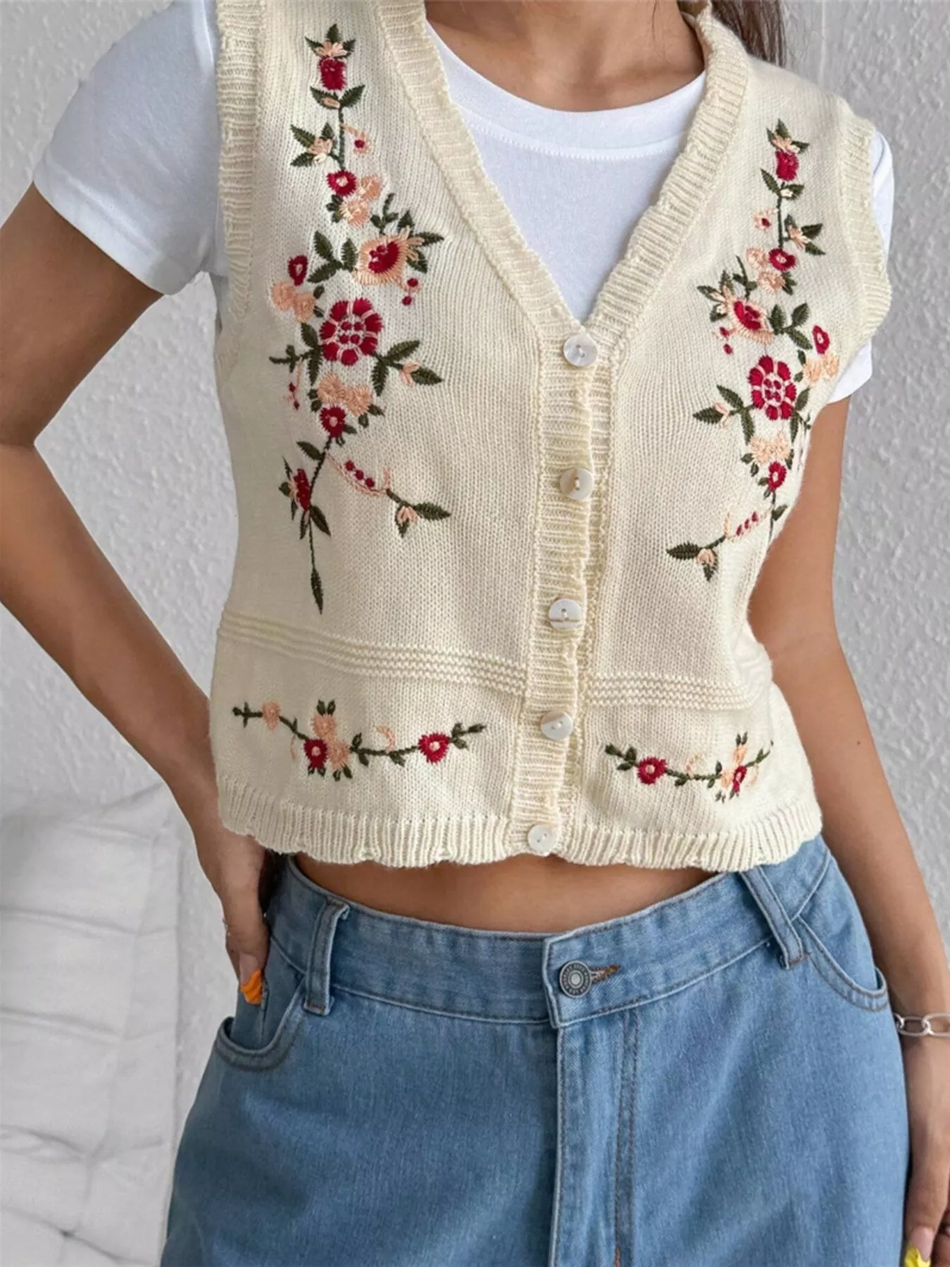 Embroidered Button Up Sweater Vest - Image 2