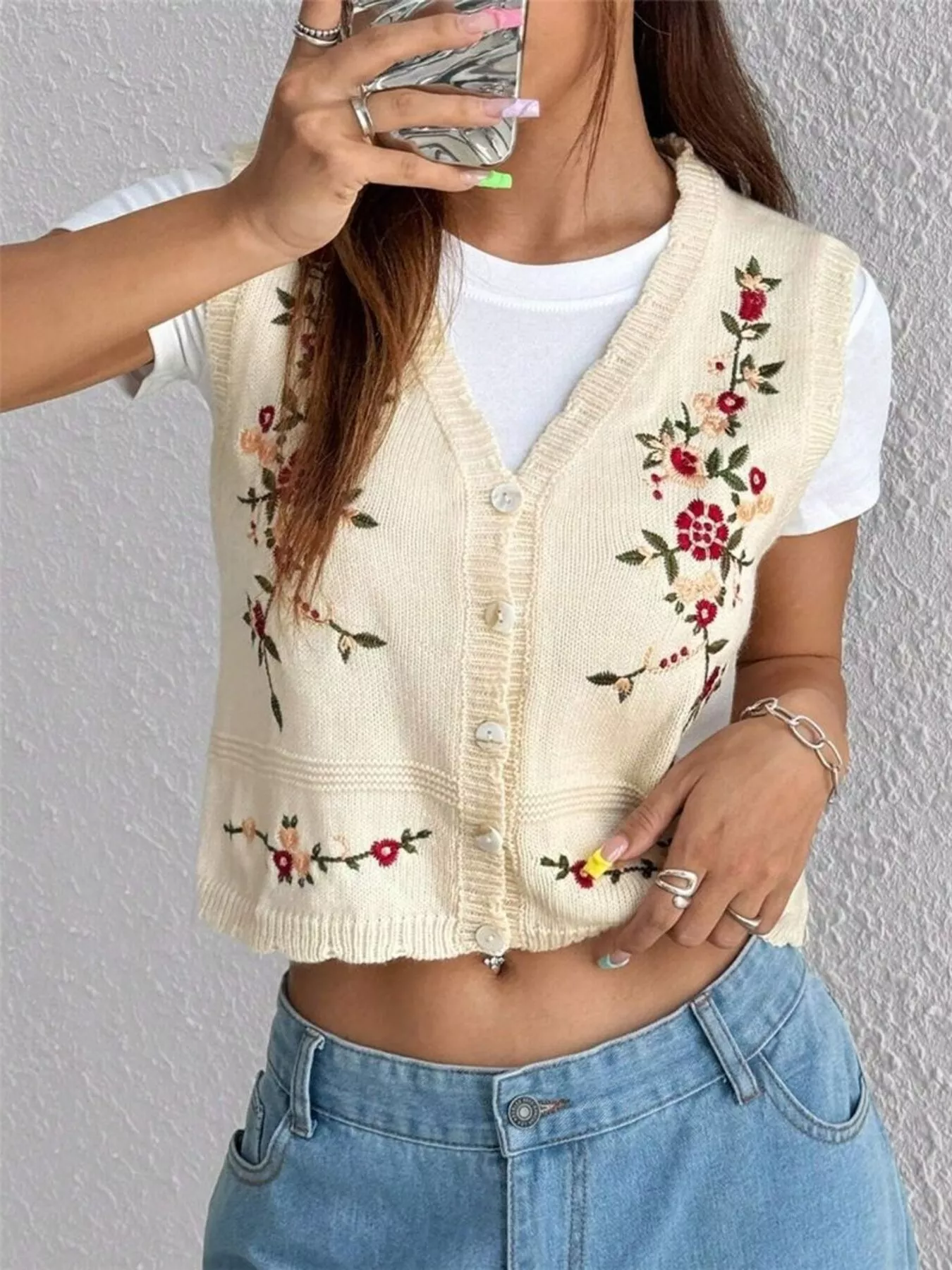 Embroidered Button Up Sweater Vest - Image 3