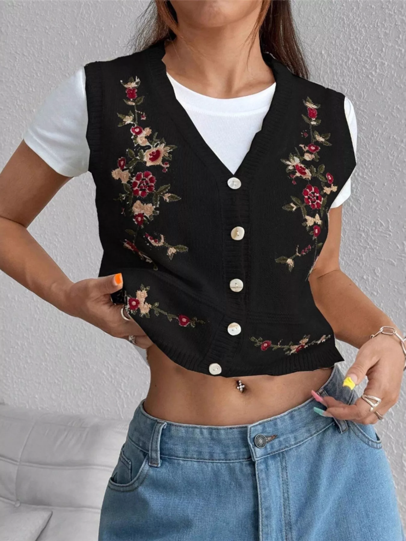 Embroidered Button Up Sweater Vest - Image 7