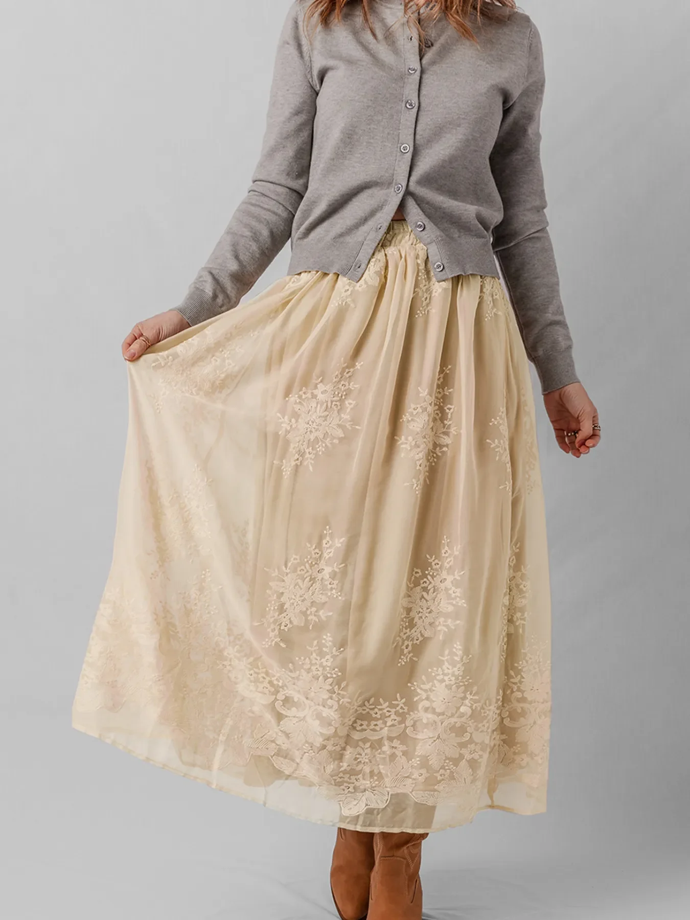 Embroidered Mesh Overlay Flowy Midi Skirt - Image 2