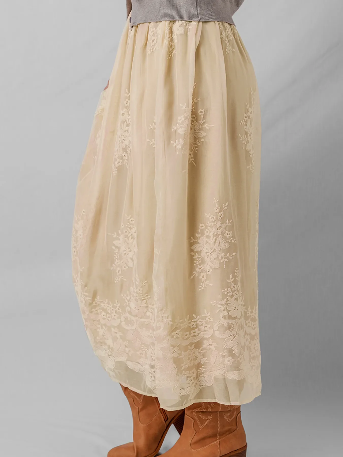 Embroidered Mesh Overlay Flowy Midi Skirt - Image 6