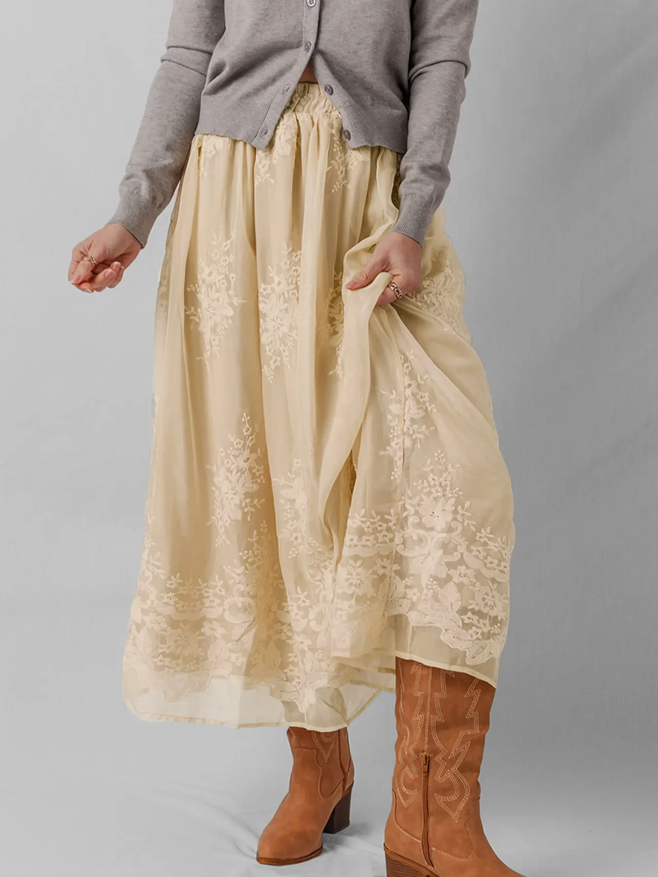 Embroidered Mesh Overlay Flowy Midi Skirt - Image 7