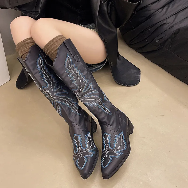 Embroidered Point Toe Block Heels Boots - Image 5