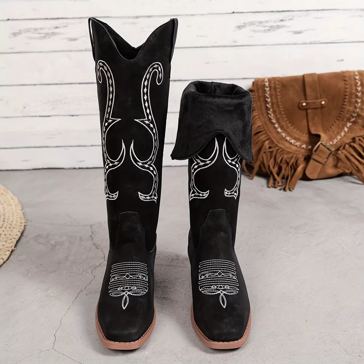 Embroidered Round Toe Block Heels Boots - Image 4