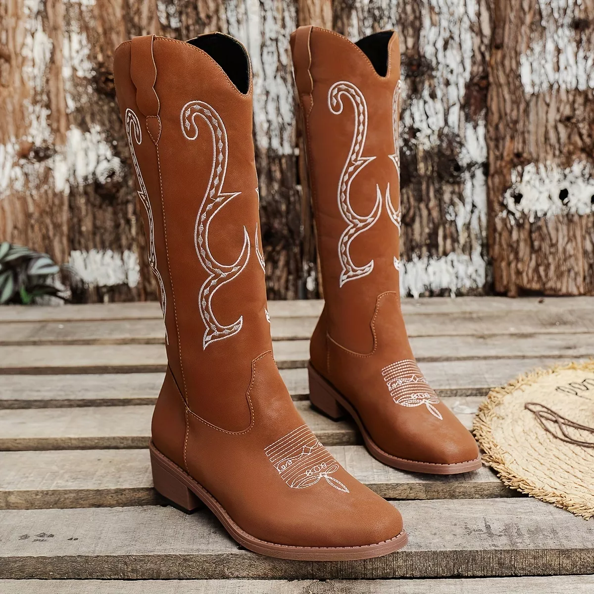 Embroidered Round Toe Block Heels Boots - Image 6