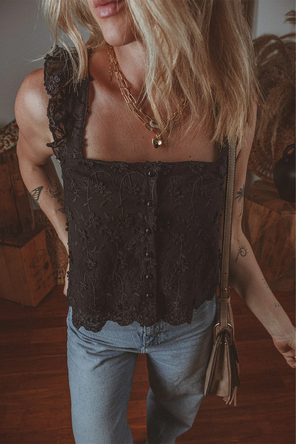 Embroidered Square Neck Wide Strap Tank - Image 2