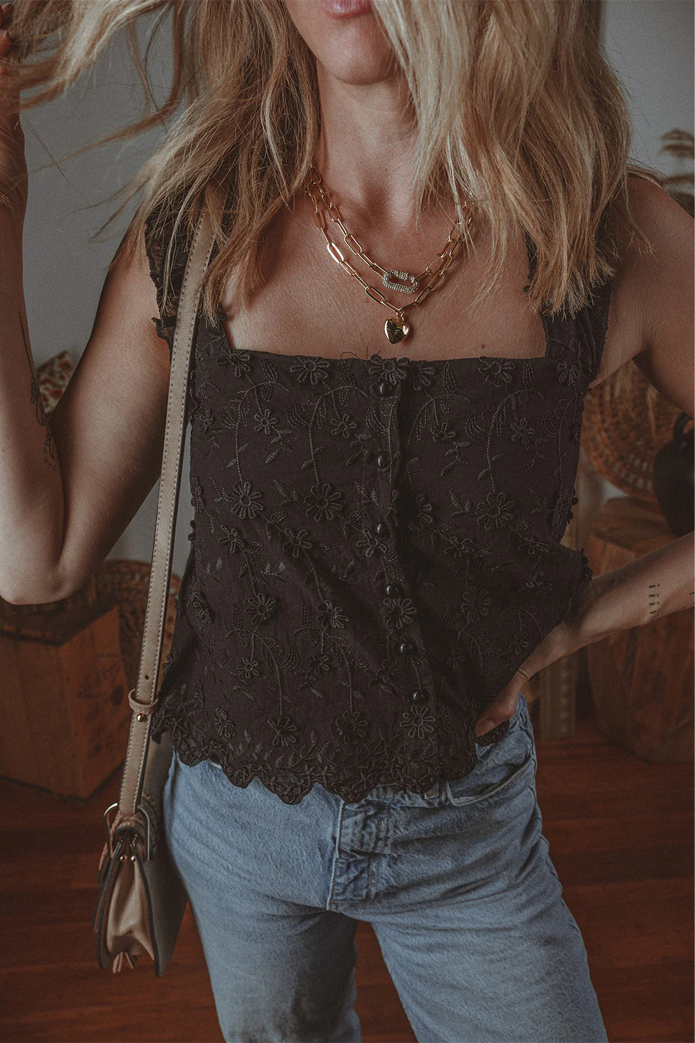 Embroidered Square Neck Wide Strap Tank - Image 4