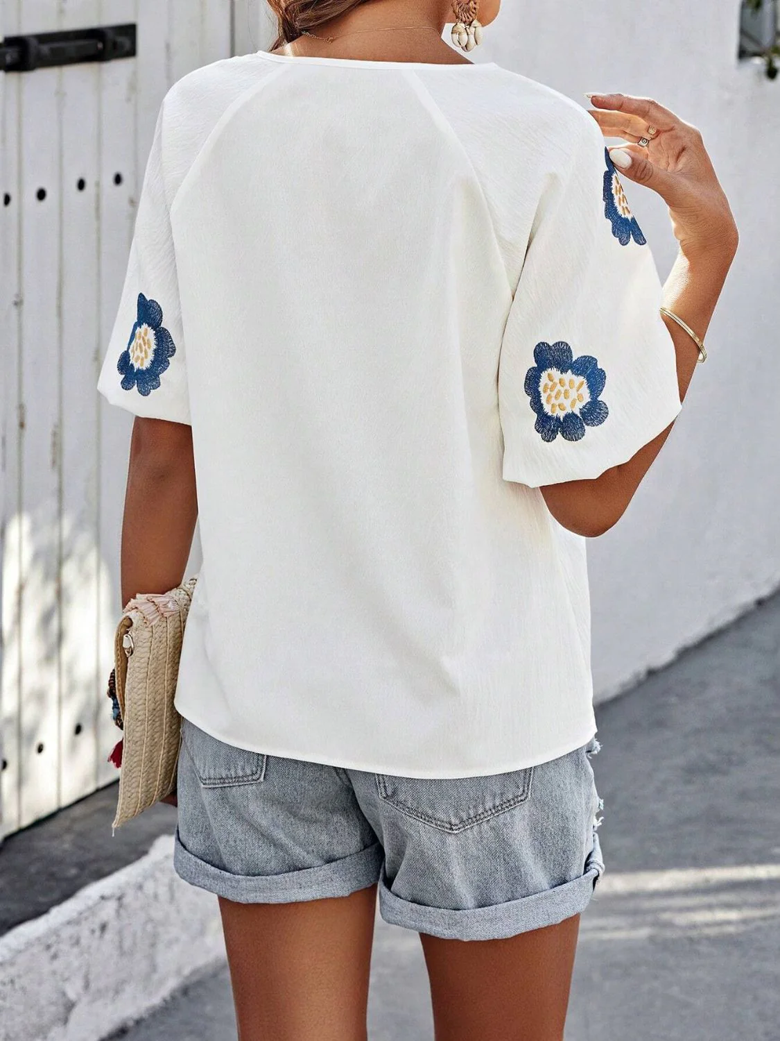 Embroidered Tie Neck Puff Sleeve Blouse - Image 11