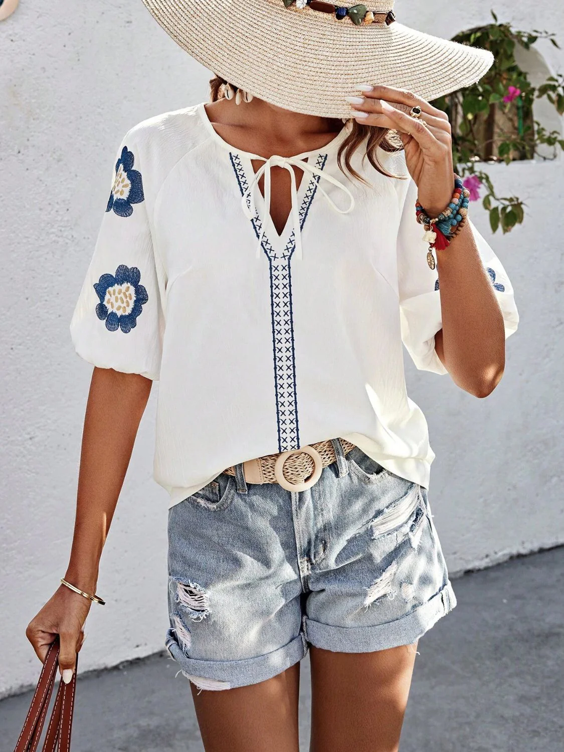 Embroidered Tie Neck Puff Sleeve Blouse - Image 12