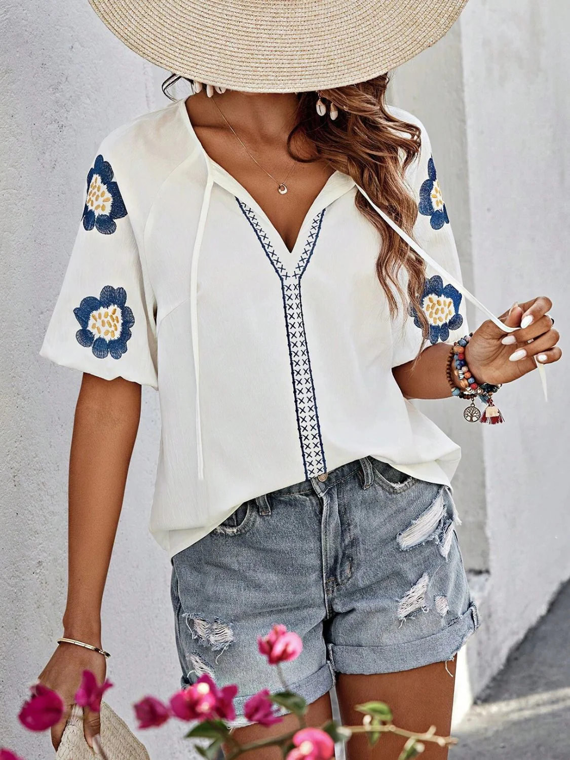 Embroidered Tie Neck Puff Sleeve Blouse - Image 13
