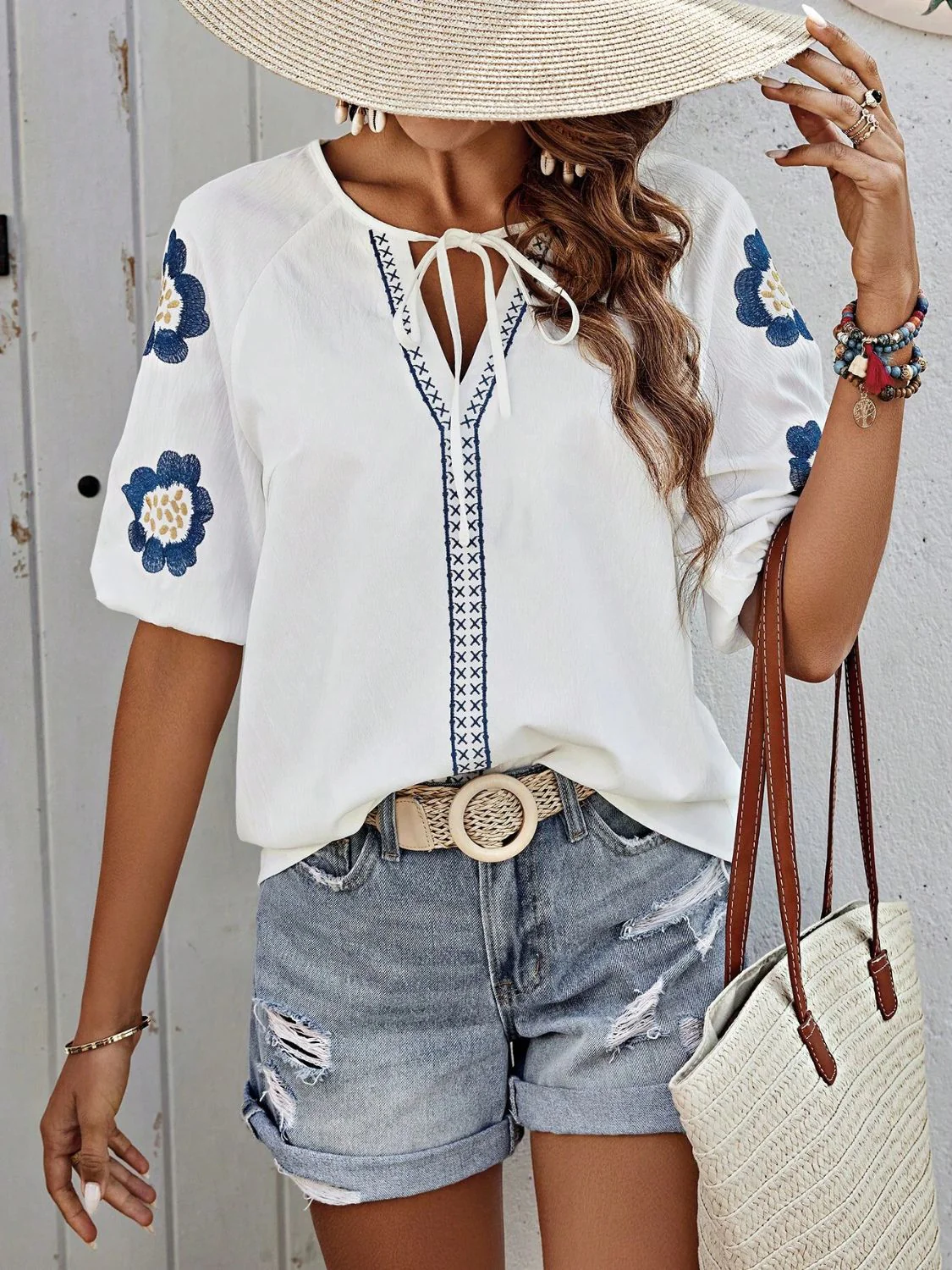 Embroidered Tie Neck Puff Sleeve Blouse - Image 14