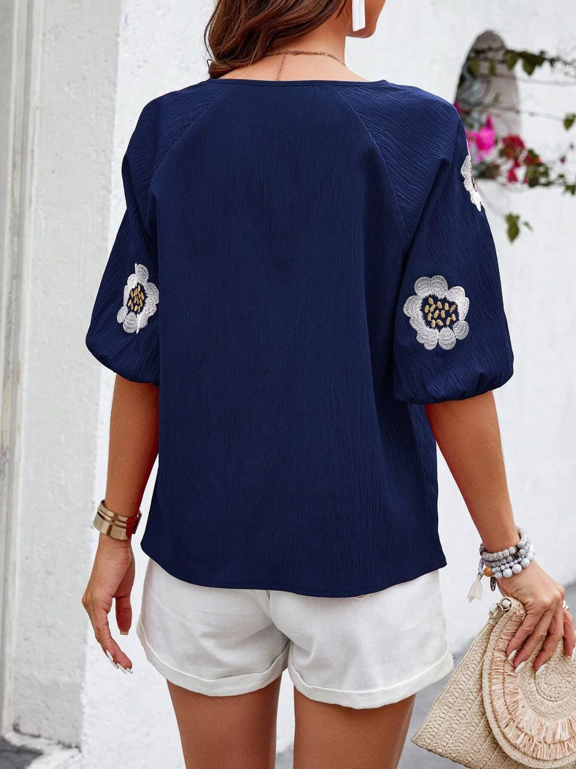 Embroidered Tie Neck Puff Sleeve Blouse - Image 2