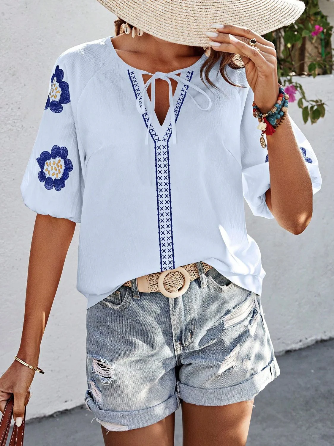 Embroidered Tie Neck Puff Sleeve Blouse - Image 7