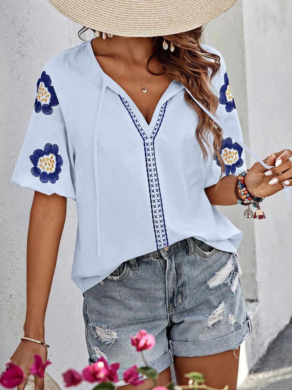 Embroidered Tie Neck Puff Sleeve Blouse - Image 9