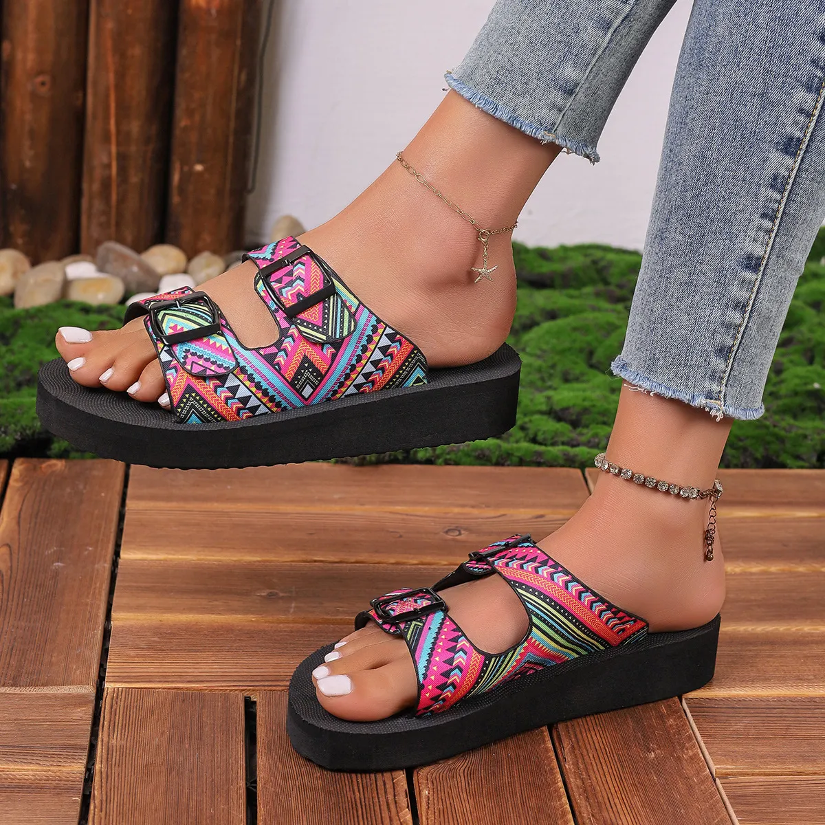 Ethnic Print Double Buckle Sandals - Image 2