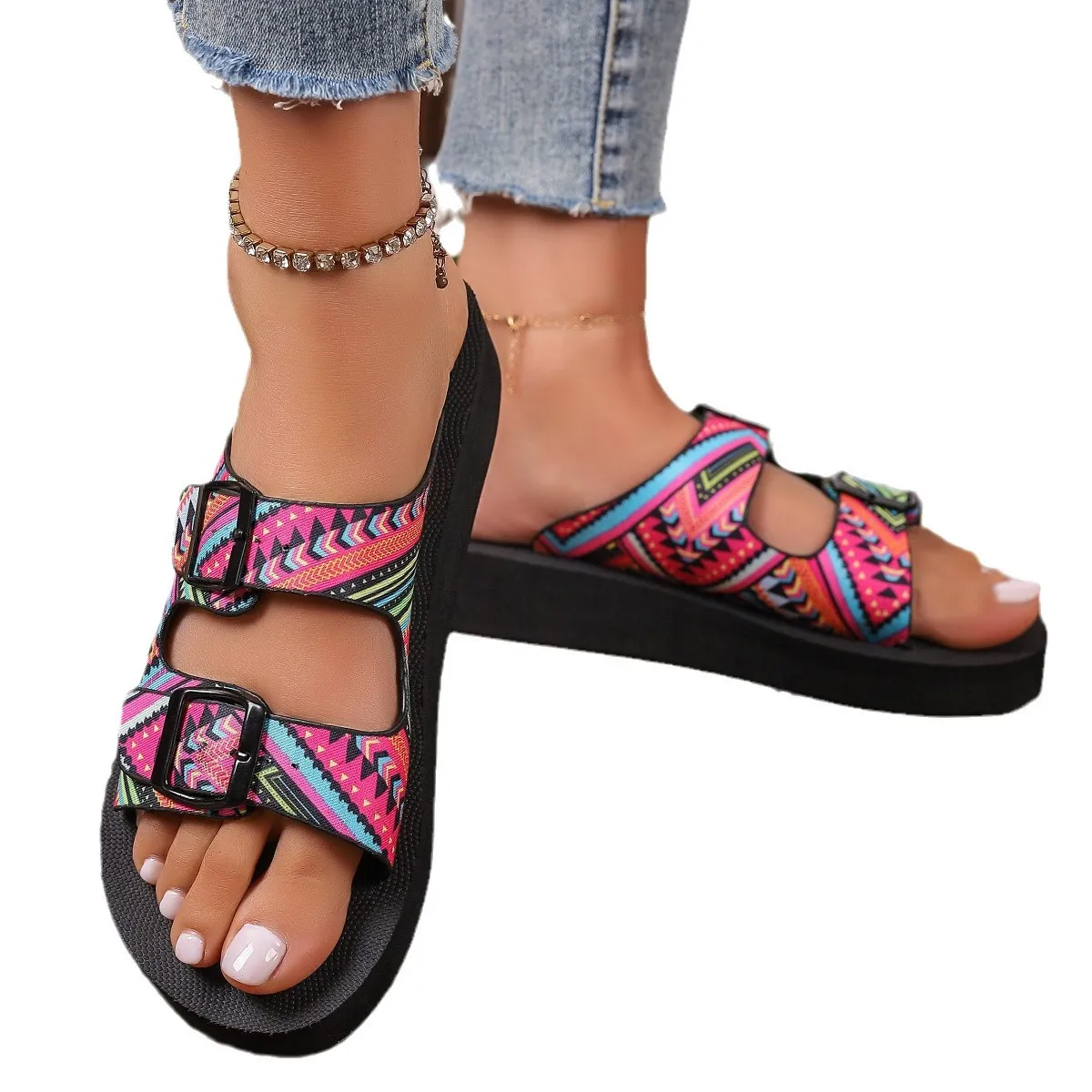 Ethnic Print Double Buckle Sandals - Image 3