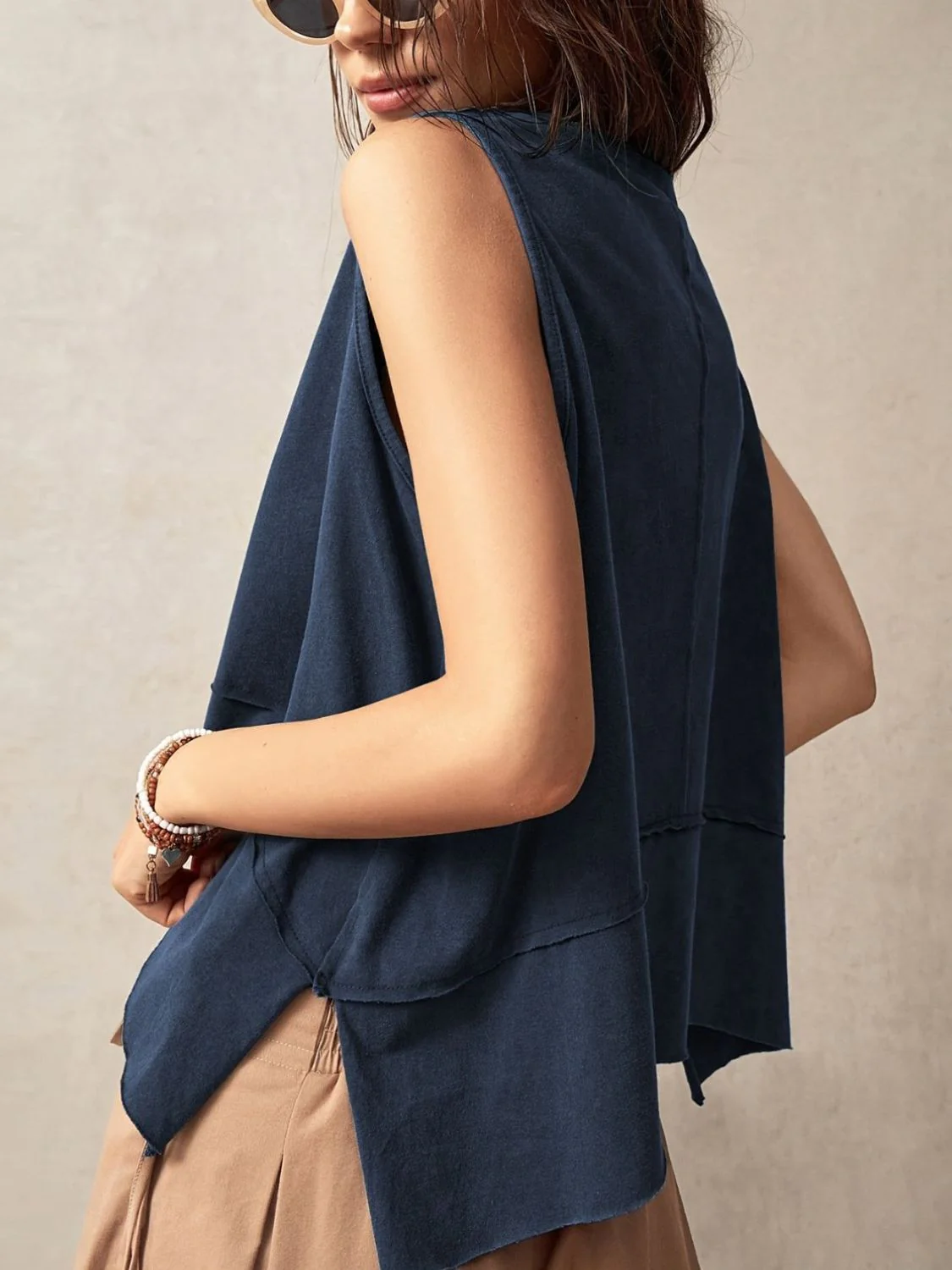 Exposed Seam Side Slit Round Neck Tank - Image 2