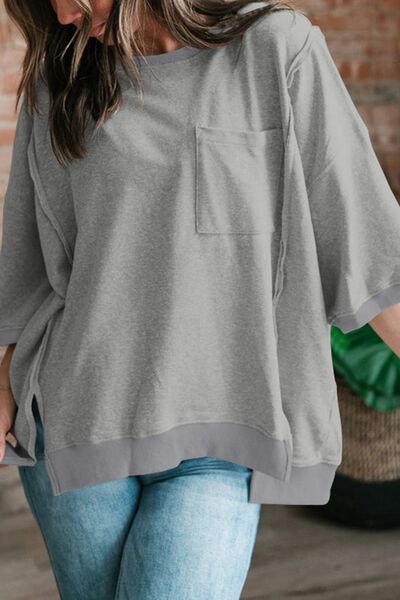Exposed Seam Side Slit Round Neck Top - Image 10