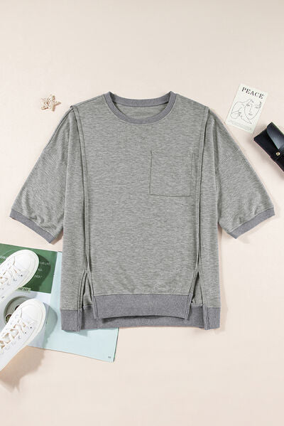 Exposed Seam Side Slit Round Neck Top - Image 12