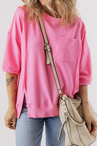 Exposed Seam Side Slit Round Neck Top - Image 4