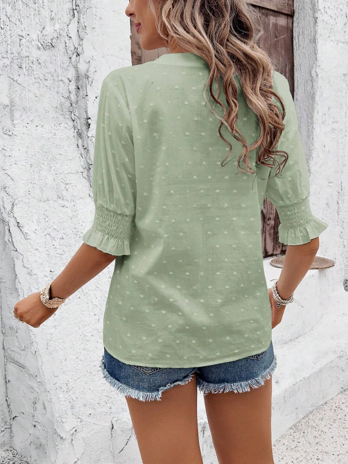 Eyelet Notched Flounce Sleeve Blouse - Image 11