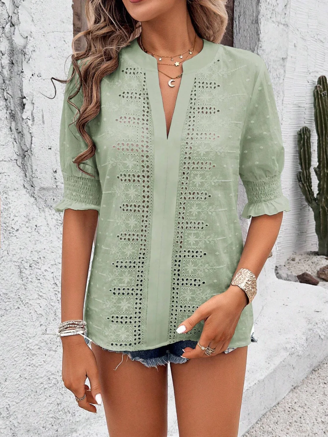 Eyelet Notched Flounce Sleeve Blouse - Image 12