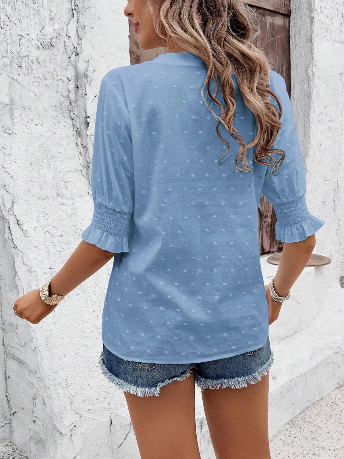 Eyelet Notched Flounce Sleeve Blouse - Image 18
