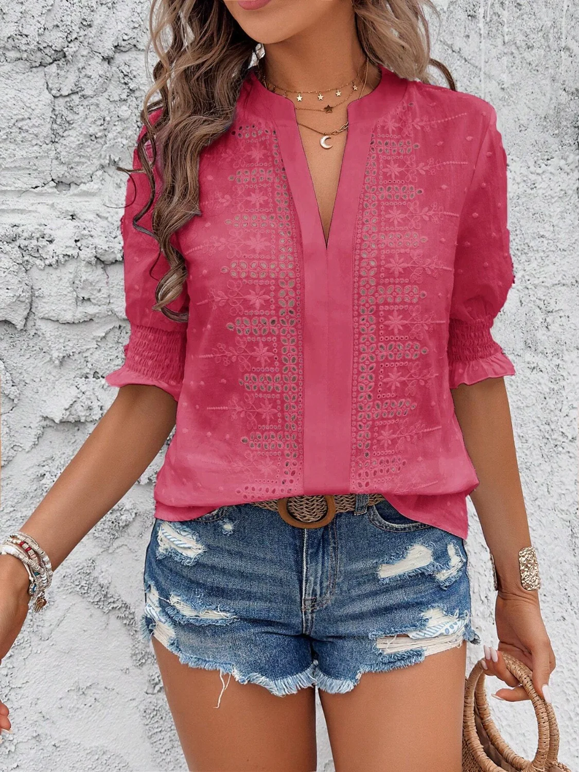 Eyelet Notched Flounce Sleeve Blouse - Image 19
