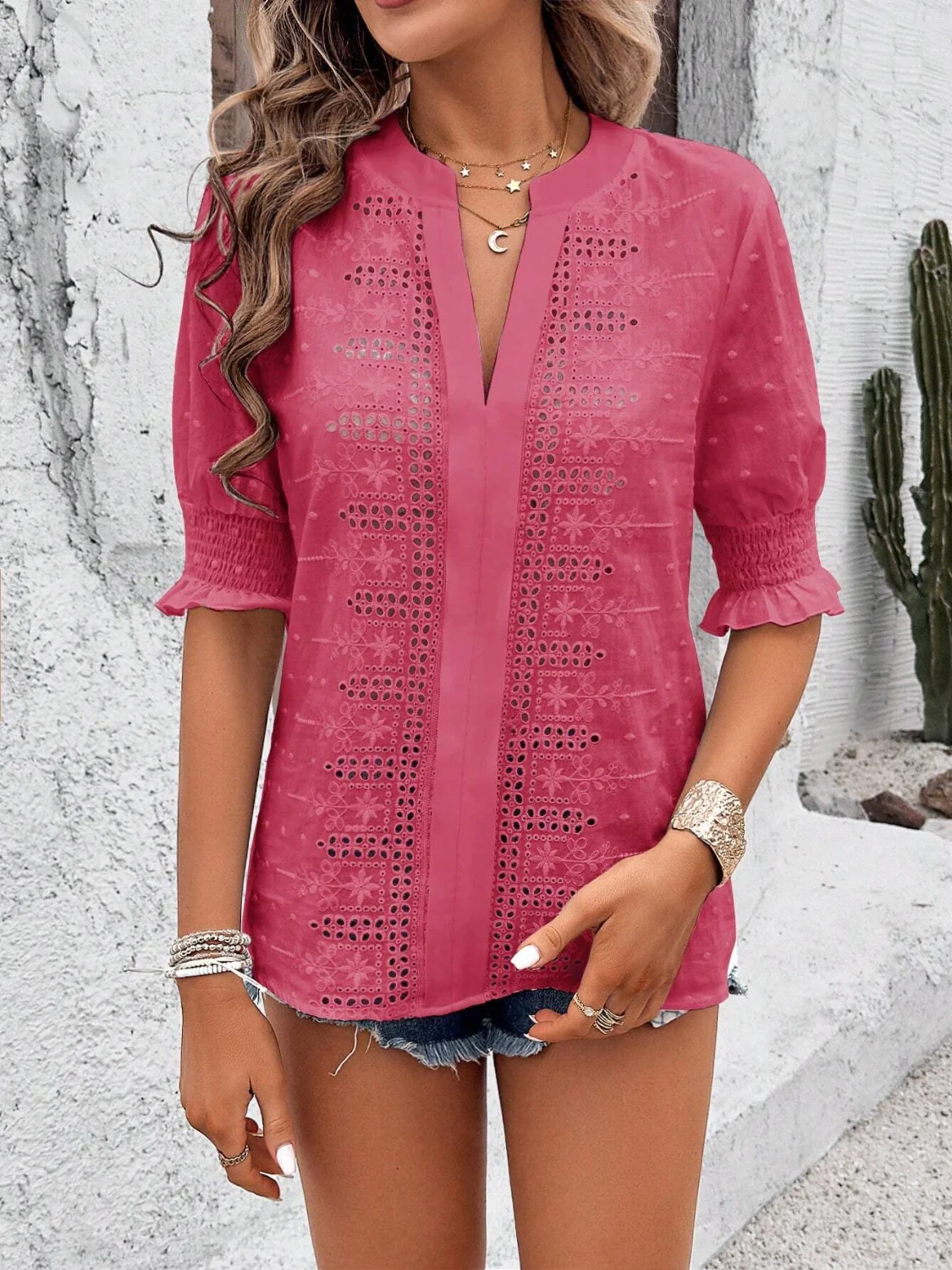 Eyelet Notched Flounce Sleeve Blouse - Image 21