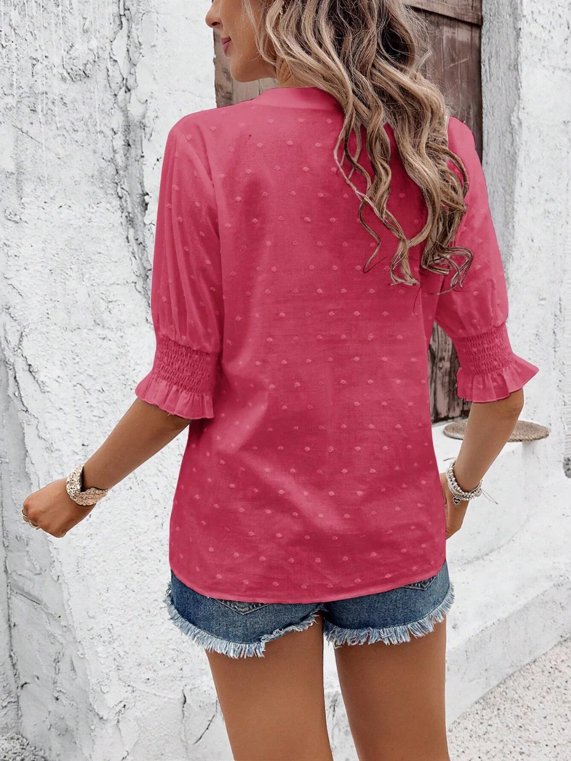 Eyelet Notched Flounce Sleeve Blouse - Image 22