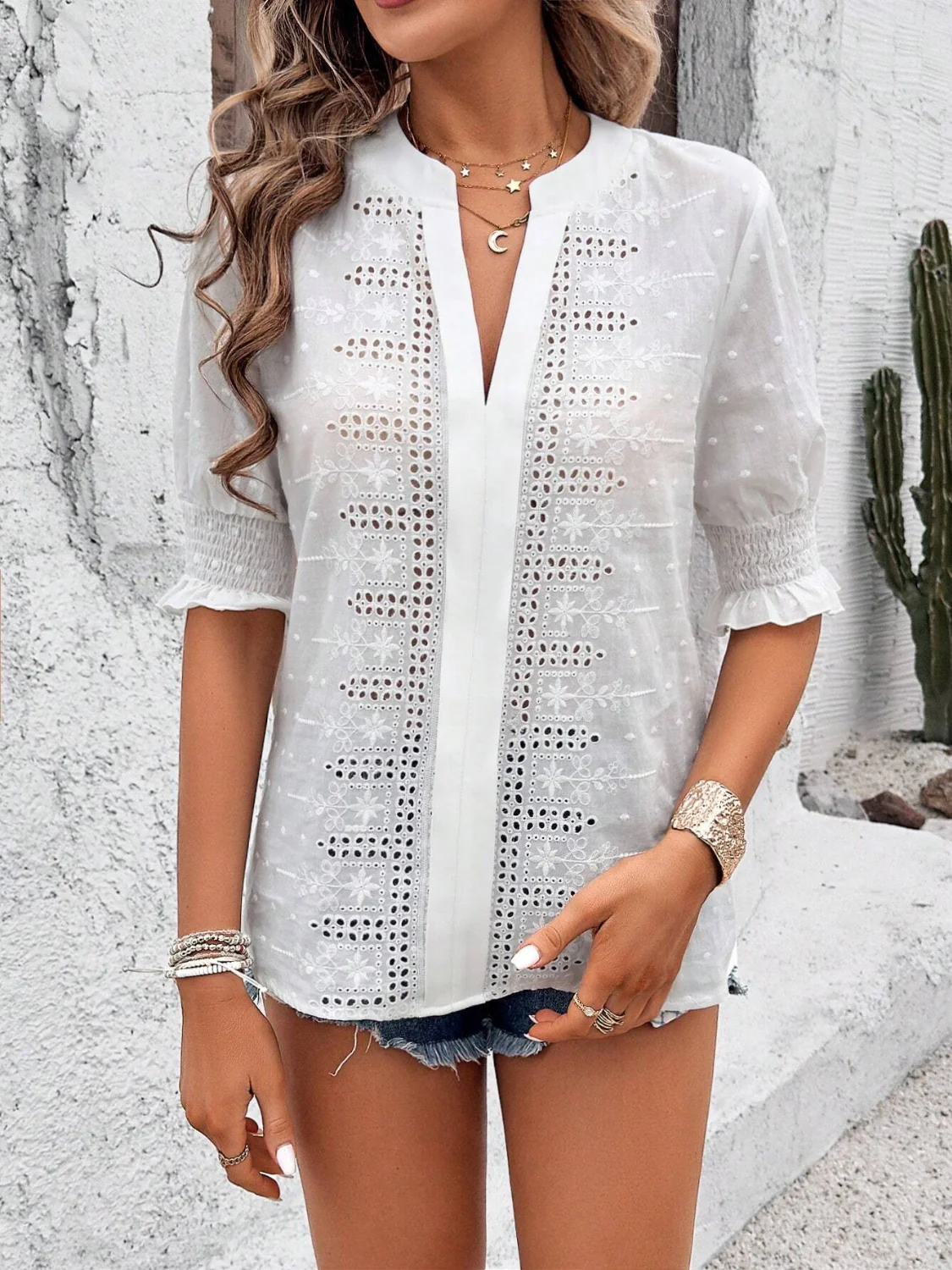Eyelet Notched Flounce Sleeve Blouse - Image 4