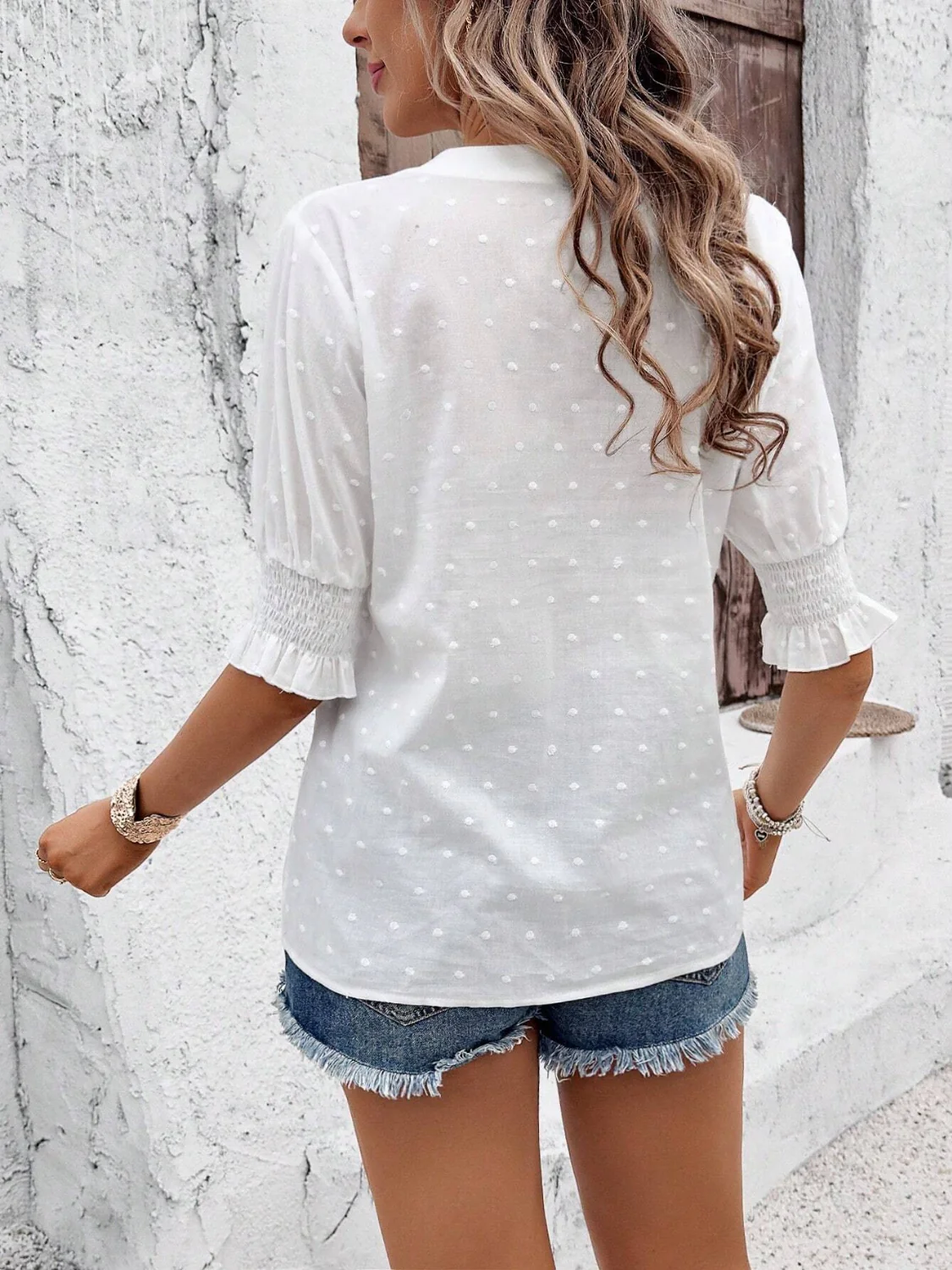 Eyelet Notched Flounce Sleeve Blouse - Image 6