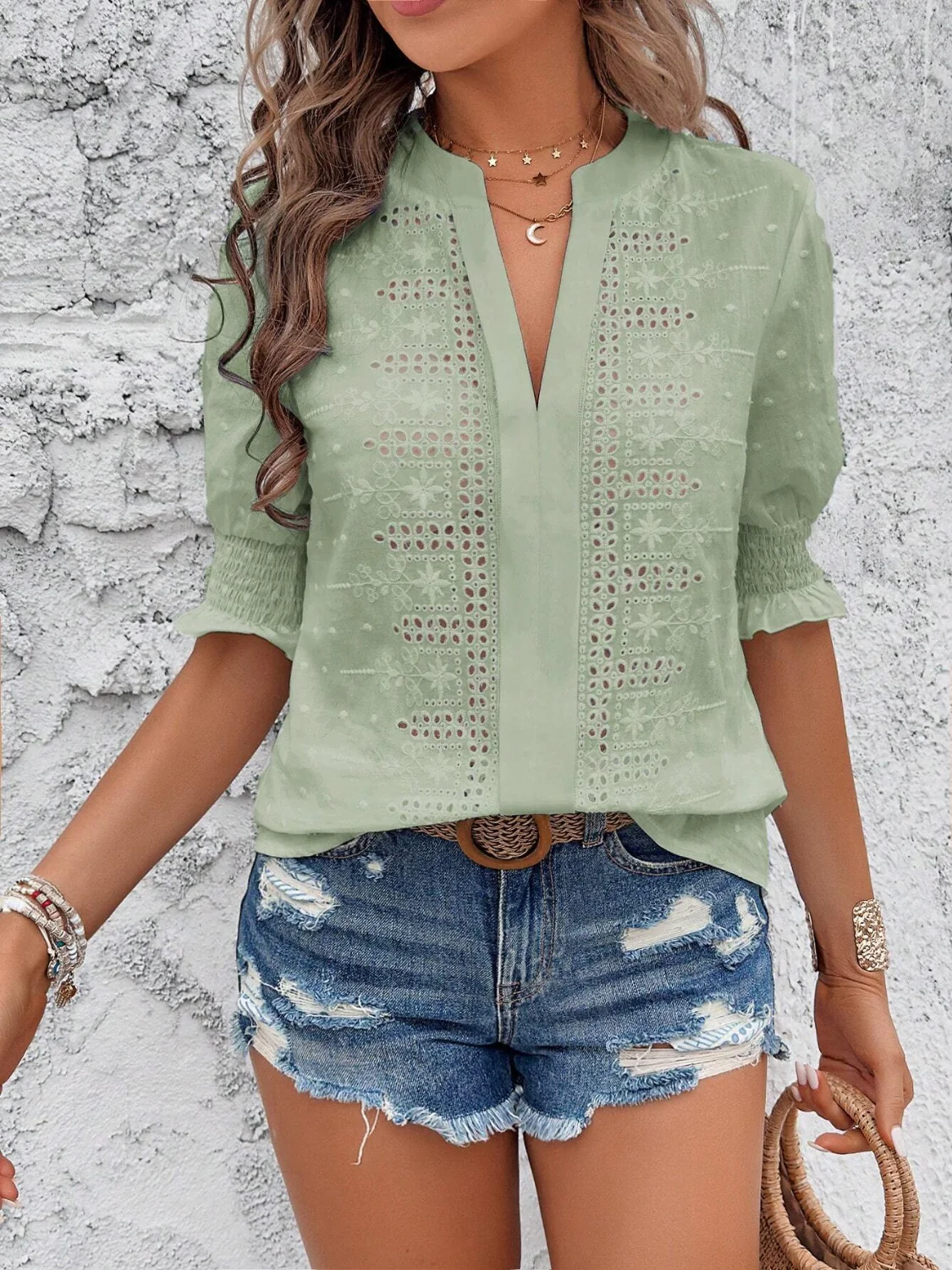 Eyelet Notched Flounce Sleeve Blouse - Image 9