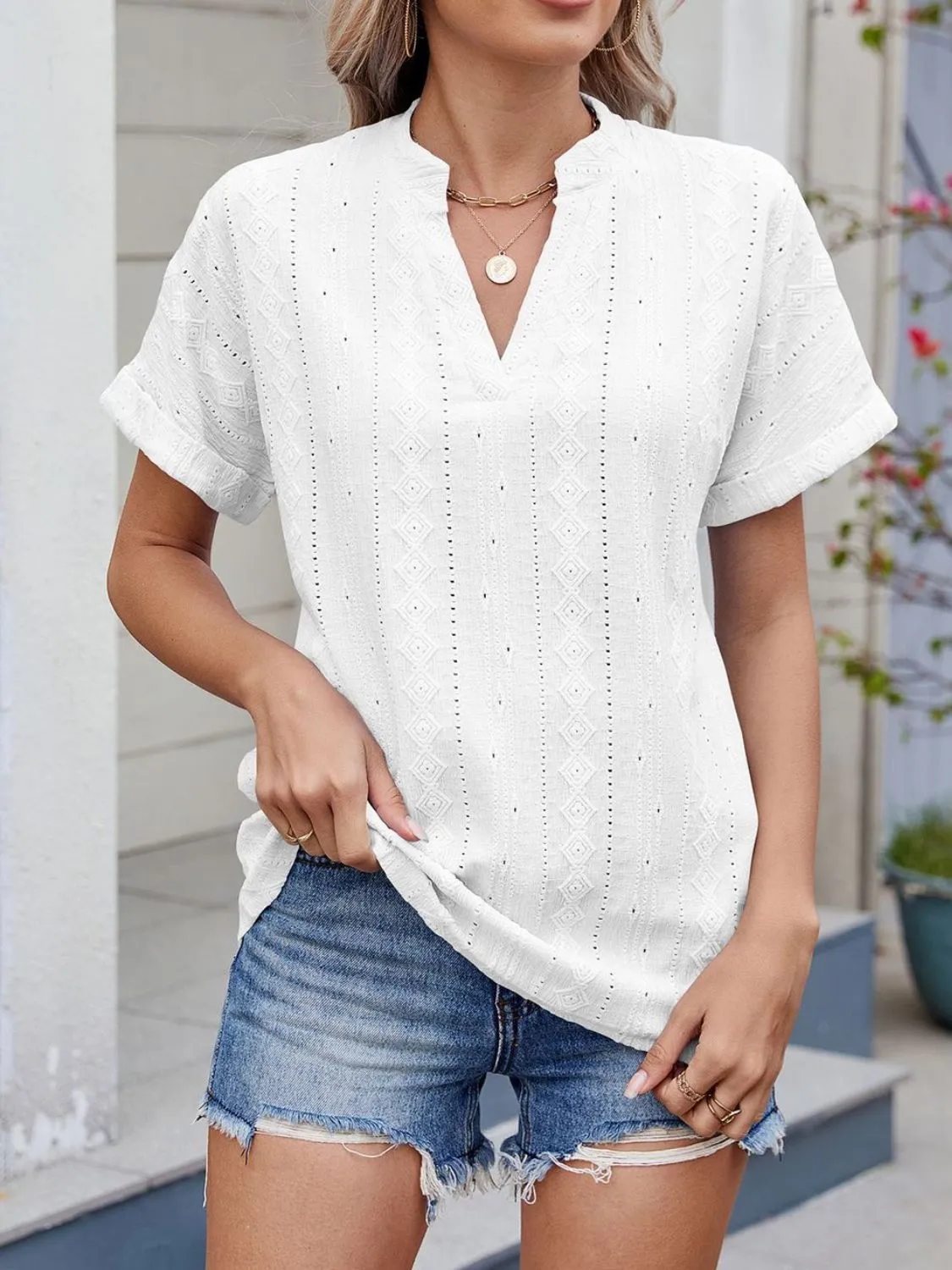 Eyelet Notched Short Sleeve Top - Image 12