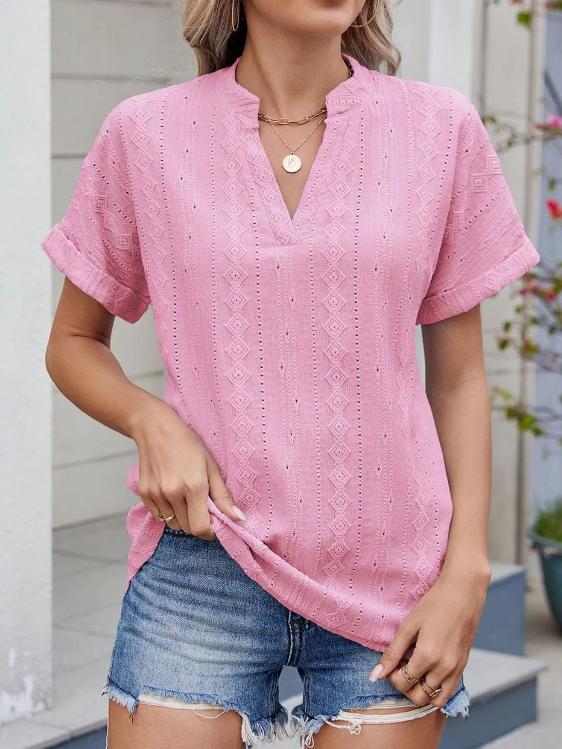 Eyelet Notched Short Sleeve Top - Image 17